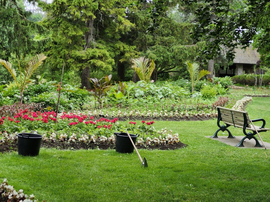 A well-maintained garden scene featuring lush green grass with a neatly edged flower bed filled with vibrant red, pink, and white blossoms. Behind the flower bed, there is a variety of leafy shrubs, young palm trees, and mature coniferous trees providing a dense green backdrop. Two black buckets and garden tools, including a rake and a hoe, rest on the grass near the flower bed, indicating recent gardening work. A black metal park bench is positioned on a concrete pad to the right, offering a resting spot amidst the greenery. The garden appears to be in the process of landscaping or maintenance, with a slightly overcast sky casting soft, even light across the scene. In the background, a small structure or shed is partially visible among the trees, suggesting storage for garden equipment. This image exemplifies attentive garden maintenance and landscaping work, highlighting the quality care provided by Gardeners Merton, as promoted on their webpage about avoiding common gardening mistakes.