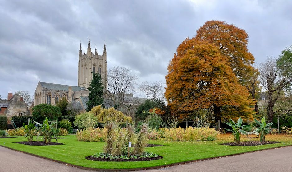 A well-maintained formal garden features a lush, neatly trimmed green lawn bordered by garden beds with flowering plants and tropical-looking banana plants supported by wooden stakes. The garden includes a large deciduous tree with vibrant orange and reddish autumn foliage, contrasting with the surrounding greenery. In the background, there is an historic stone church with Gothic architectural elements such as pointed arches and tall spires, set against a cloudy sky. The garden appears to be part of a landscaped outdoor space designed for aesthetic appeal and outdoor care, with pathways curving around the landscaped beds. The environment is tranquil, emphasizing lawn care, hedge trimming, and general garden maintenance, likely managed by professionals such as Gardeners Merton.